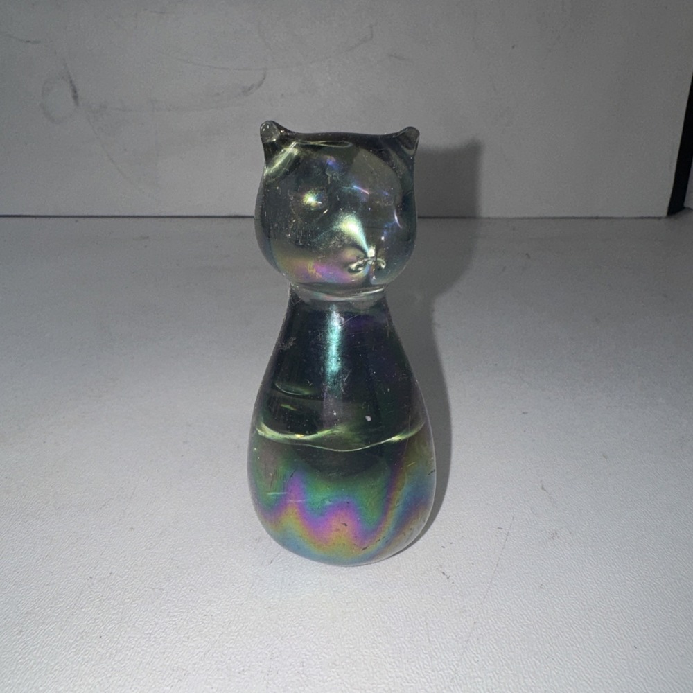 Vintage Mexican Iridescent Blown Glass Cat Figurine – Tonala Style 3.5"